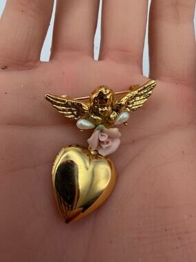 1928 Jewelry cherub angel brooch porcelain rose and a dangling heart locket